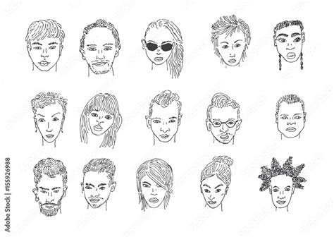 People faces drawing. Men and women faces hand drawing cartoon. Pencil sketching. Stock Vector ...