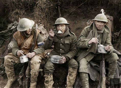 British soldiers eating hot rations in the Ancre Valley during the Battle of the Somme, October ...