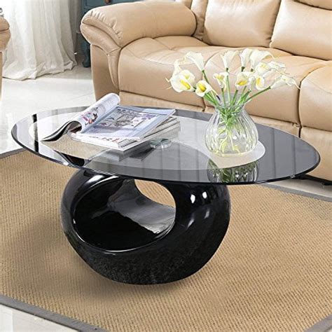Mecor Black Oval Glass Coffee Table with Round Hollow Base-Modern End Side Coffee Table for Home ...