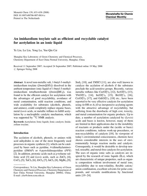 (PDF) An imidazolium tosylate salt as efficient and recyclable catalyst for acetylation in an ...