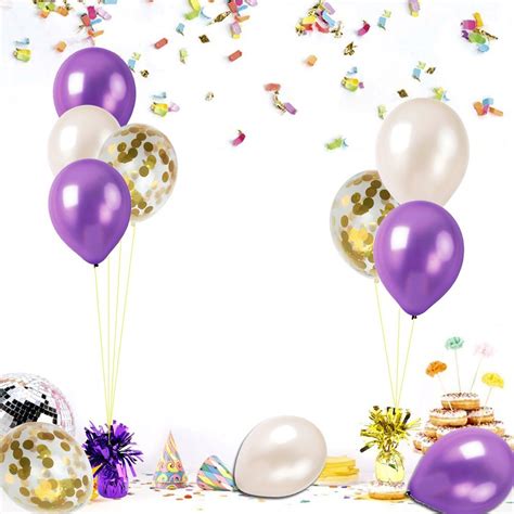 KUMEED 12" White Dark Purple Gold Confetti Balloons Latex Balloon ...
