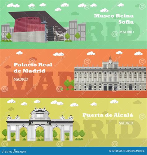 Madrid Tourist Landmark Banners. Vector Illustration With Spain Famous Buildings ...