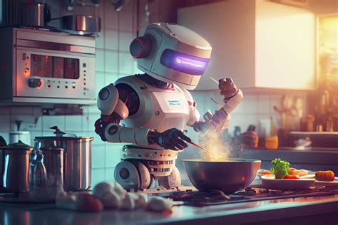 Robot chef cooking in kitchen of future home genius, smart robot working in modern house ...