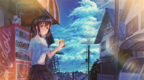 Wallpaper : original characters, anime girls, landscape, sky, school uniform 3000x1688 ...