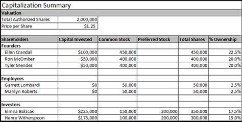 Capitalization Table Example | Cabinets Matttroy