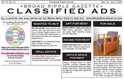 Broad Ripple Gazette - CLassified Ads