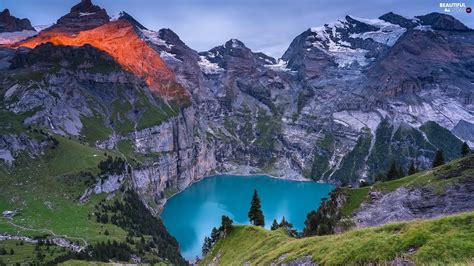 Bernese Alps, Canton of Bern, VEGETATION, Oeschinen Lake, viewes, Mountains, Switzerland, trees ...