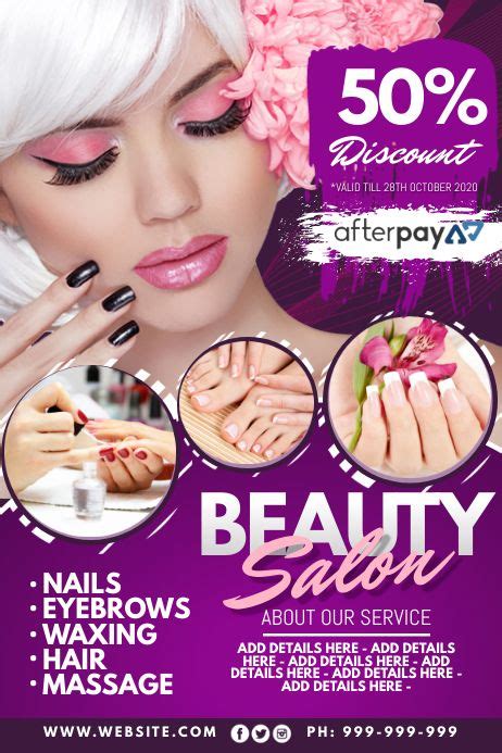 a flyer for a beauty salon with flowers in her hair and nails on her face