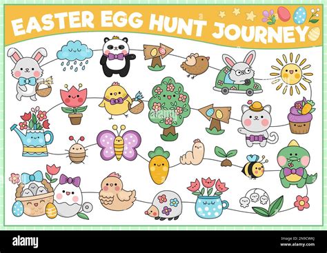 Vector black and white Easter egg hunt journey game with holiday symbols. Kawaii spring planner ...