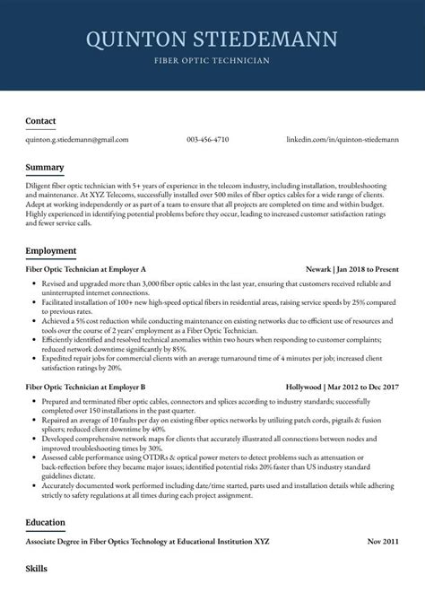 Fiber Optic Technician Resume (CV) Example and Writing Guide