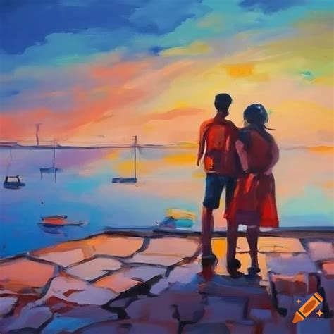 Painting of a couple holding hands in puglia overlooking the sea on Craiyon