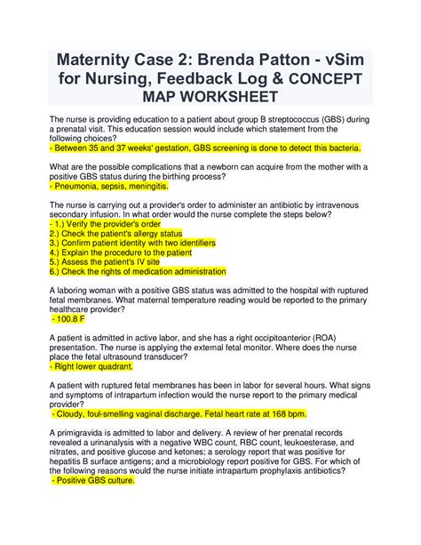 Maternity Case 2: Brenda Patton - vSim for Nursing, Feedback Log & CONCEPT MAP WORKSHEET | Map ...
