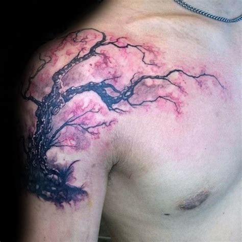 Realistic Cherry Blossom Tree Male Shoulder Tattoo Cherry Blossom ...