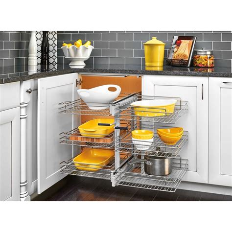 Rev-A-Shelf 18 in. Corner Cabinet Pull-Out Chrome 3-Tier Wire Basket Organizer with Soft-Close ...