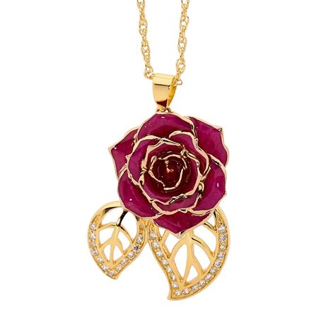 Purple Glazed Rose Pendant in Leaf Theme 24K Gold