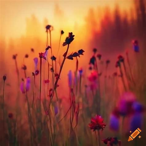 Vibrant wildflowers covering a misty field at sunrise
