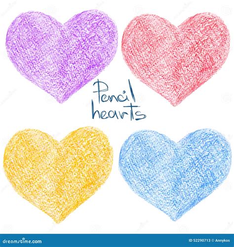 Set of Colorful Pencil Drawing Heart Shapes Stock Vector - Illustration ...