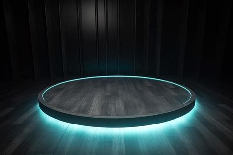 Premium AI Image | a wooden circular platform podium with a cyan neon ...