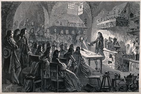 Sir Isaac Newton (?) showing an optical experiment to an audience in ...