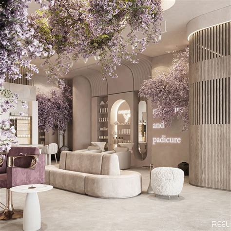the interior of a hair salon with purple flowers on the ceiling and furniture in the background