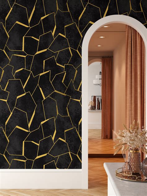 Minimalist Pattern Black and Gold Modern Wallpaper, Abstract Lines Geometric Simple Stripes ...