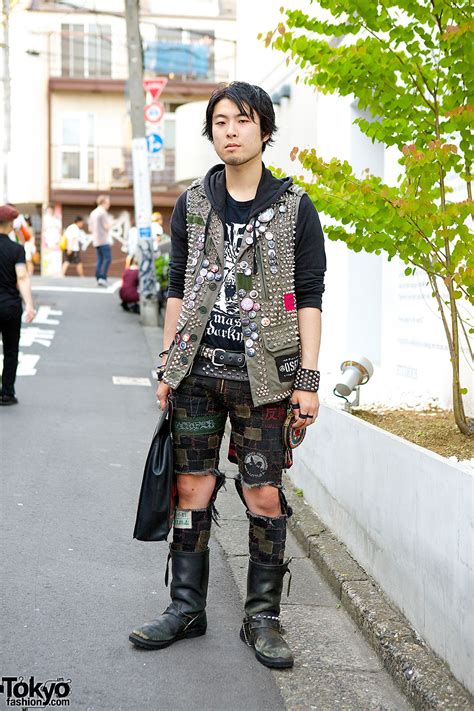 Crust Punk Patch Pants, Disk Union Bag & Studded Vest in Harajuku ...