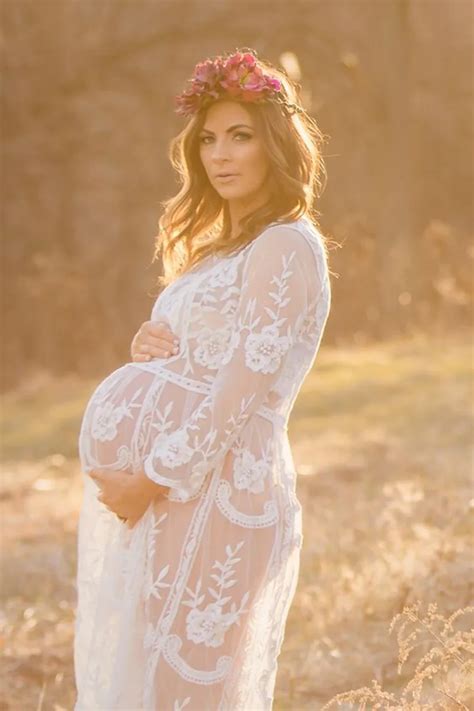 Maternity Photo Photo Dress Embroidered Mesh Hook Flower Seven point ...