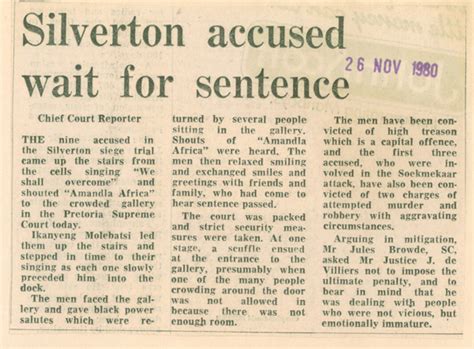 ”Silverton Accused wait for Sentence”, Pretoria News. 26 November, 1980 ...