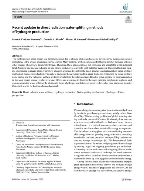 (PDF) Recent updates in direct radiation water-splitting methods of hydrogen production