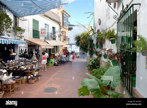 Shops and restaurant in the old town centre, Torremolinos, Costa del ...