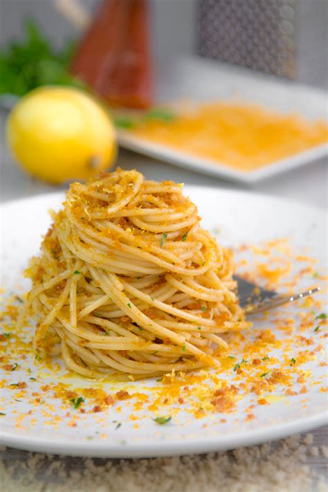 BOTTARGA SPAGHETTI with lemon zests and fried bread crumbles