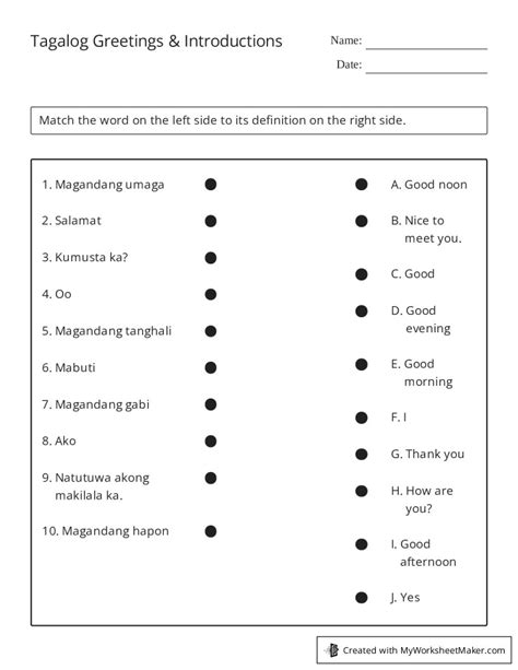 Tagalog Greetings & Introductions - My Worksheet Maker: Create Your Own Worksheets