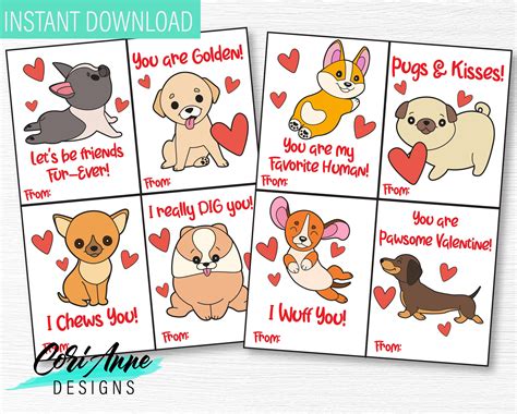 Dog Valentines Cards· DIY printable valentines· Kids Cute Puppy Valentines Day Cards · Instant ...