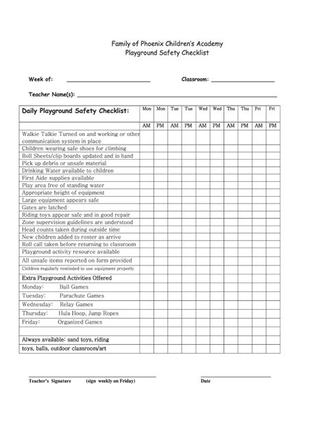 Family Of Phoenix Children's Academy Playground Safety Checklist - Fill and Sign Printable ...