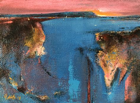 an abstract painting with blue, pink and yellow colors on the water's edge