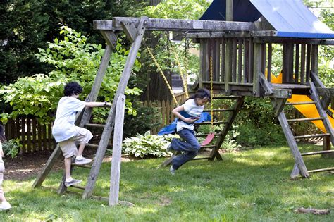 Free picture: two, young children, play, wooden, swing, set