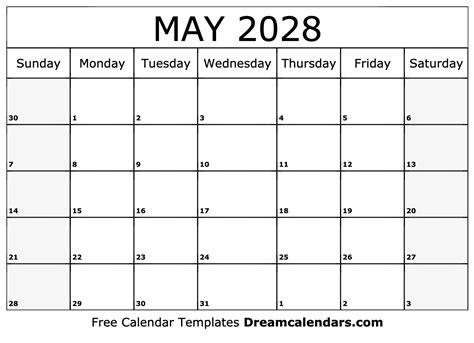 May 2028 Calendar - Free Printable with Holidays and Observances