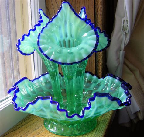 Fenton Green Opalescent/ Cobalt Crest Thumbprint Epergne | Fenton glass ...