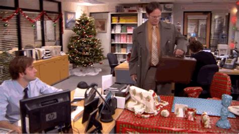 When Jim replaces Dwight's desk and chair with a cardboard version wrapped in Christmas paper ...