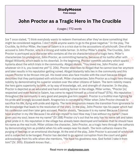 John Proctor as a Tragic Hero in The Crucible Free Essay Example