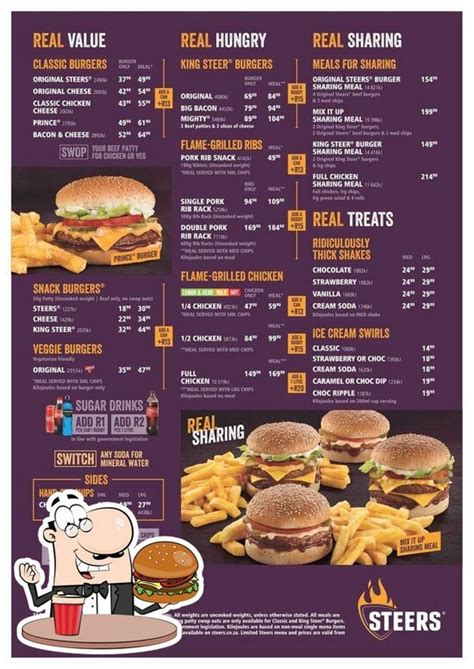 Menu au Steers restaurant, Rustenburg, Midtown Mall