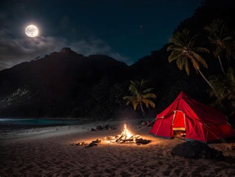 Premium AI Image | Camping scene with tent on the beach under palm ...