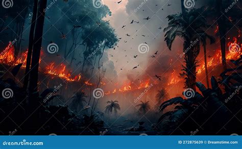 Tropical Amazon Forest on Fire with Thick Black Smoke and Ashes Covering the Sky. AI Generated ...