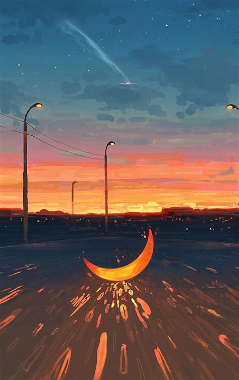 Download wallpaper 840x1336 moon on road, sunset, art, iphone 5, iphone ...