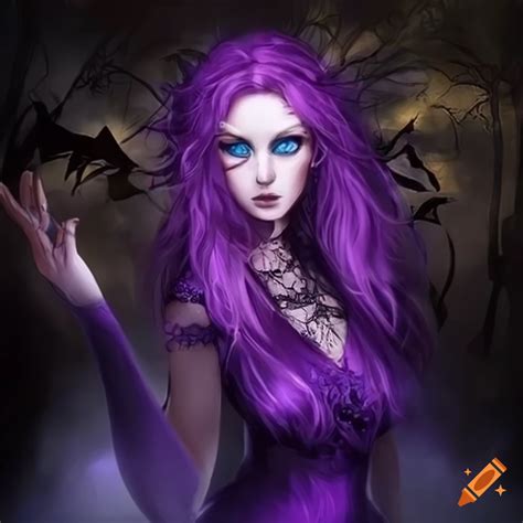 Image of a halloween witch with purple hair and blue eyes