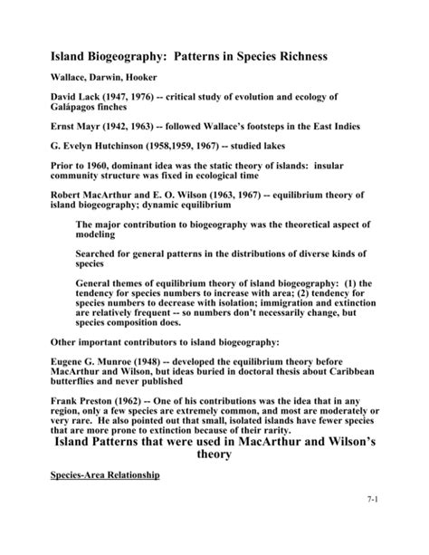 Island Biogeography: Patterns in Species Richness Island Patterns
