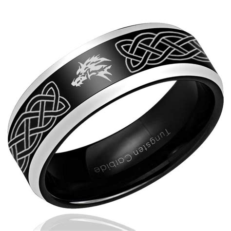 8mm Celtic Wolf Tungsten Carbide Ring Black Two Tone Beveled - Etsy