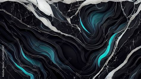 ภาพประกอบสต็อก Abstract 4k wallpaper. Liquid fluid, black dark marble, obsidian, with blue, aqua ...