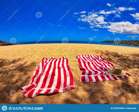 Red and White Striped Towels at the Beach Stock Photo - Image of beauty ...