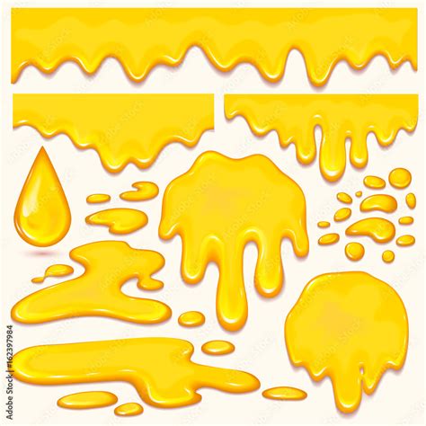 Set of orange honey drops and yellow splashes healthy syrup golden food liquid drip vector ...